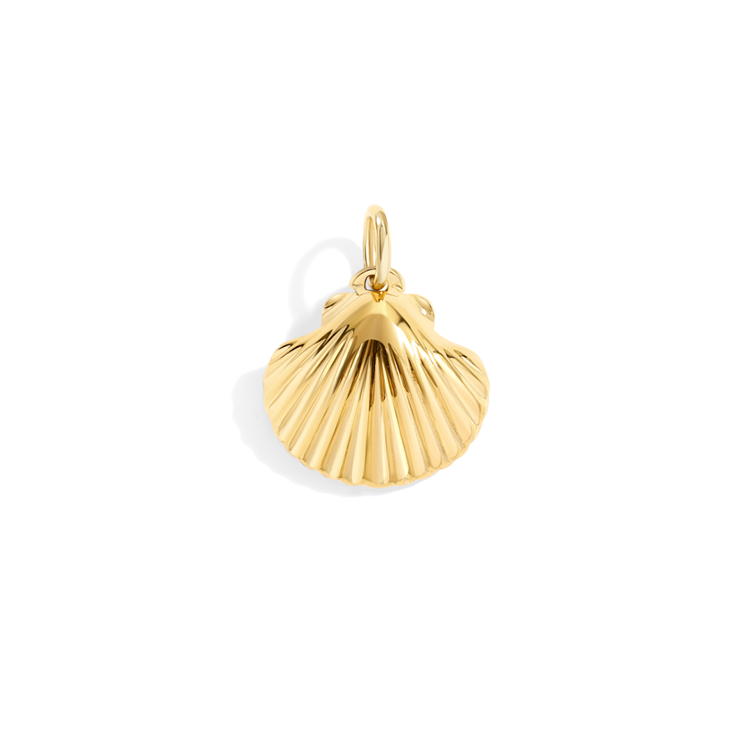 Gold shell pendant on a white background
