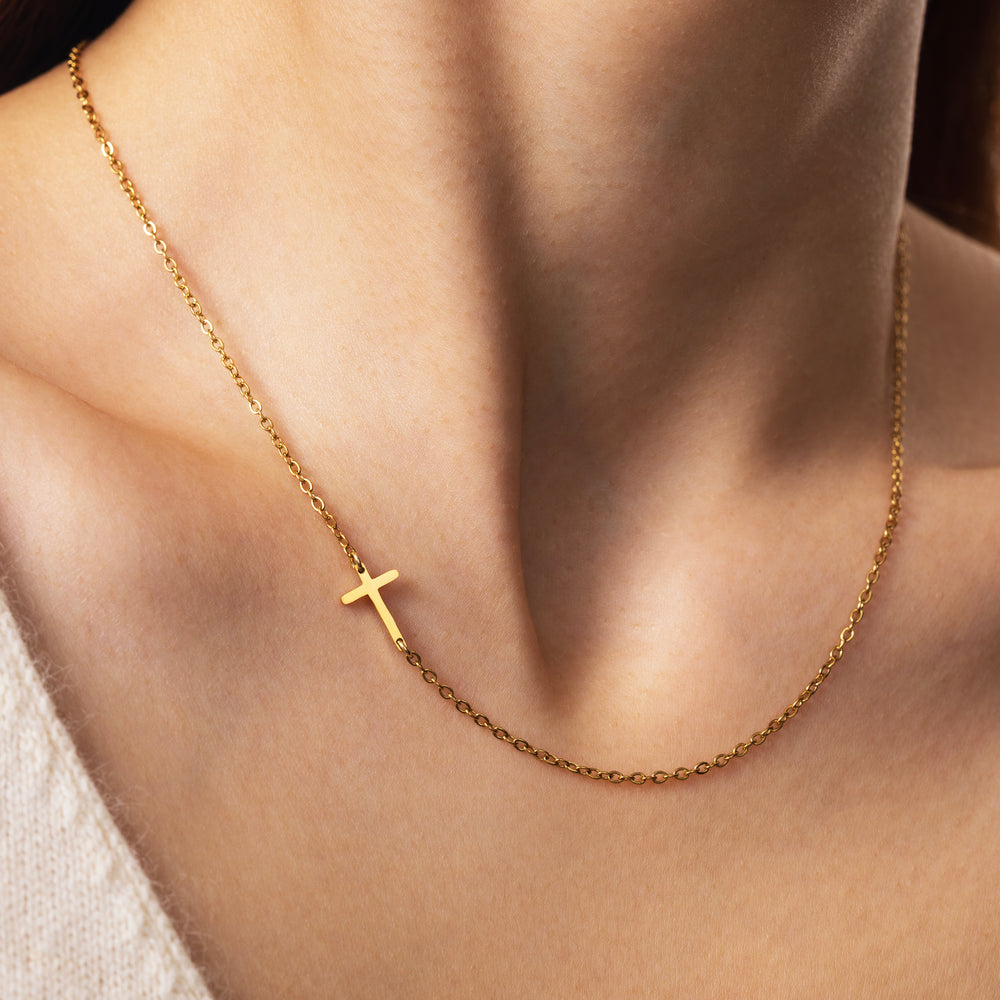 Dainty Sideways Cross Necklace - Gold