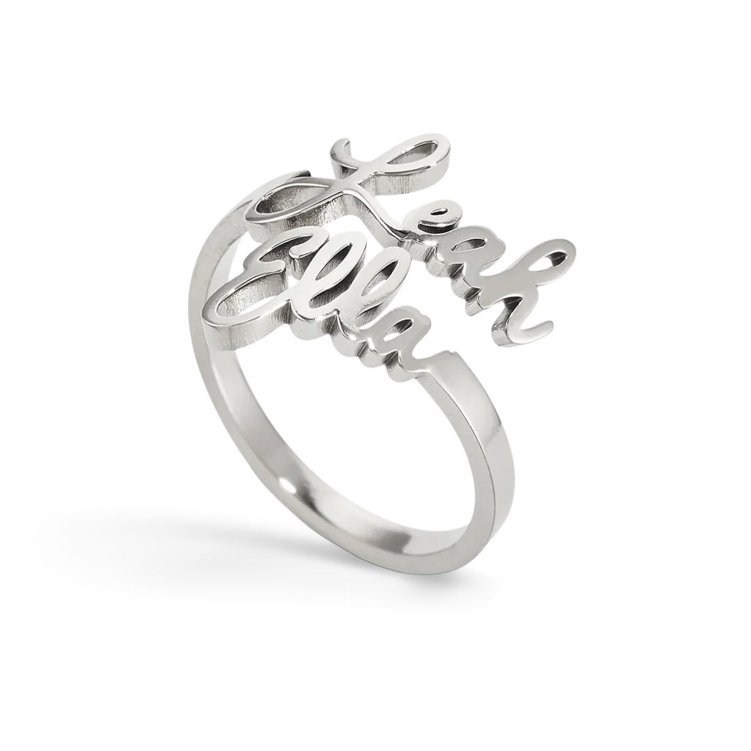 A gold-colored adjustable ring with the names 'Jane' and 'Ellie' customized on it.