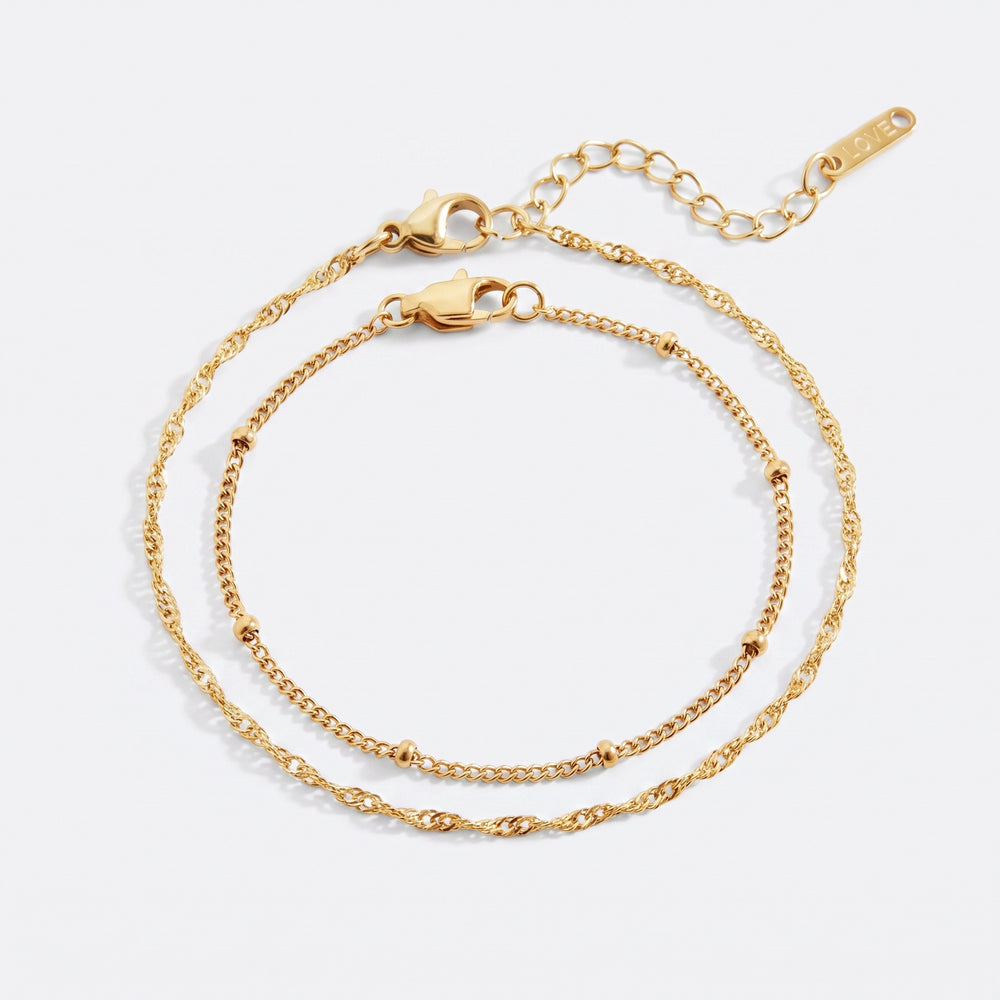 Singapore Twist and Satellite Chain Bracelet Bundle - Gold / 7.5"