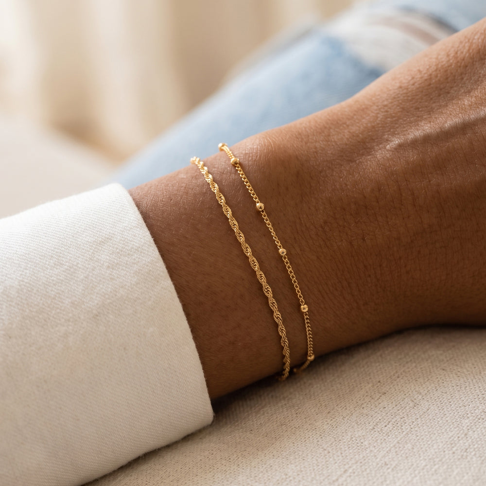 Singapore Twist and Satellite Chain Bracelet Bundle - Gold / 7.5"