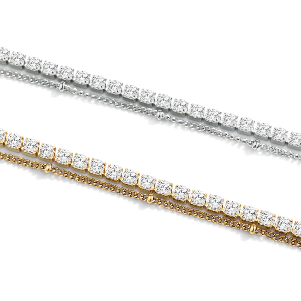 Tennis Bracelet and Satellite Chain Bracelet Bundle - 18k Gold Plated / 7"