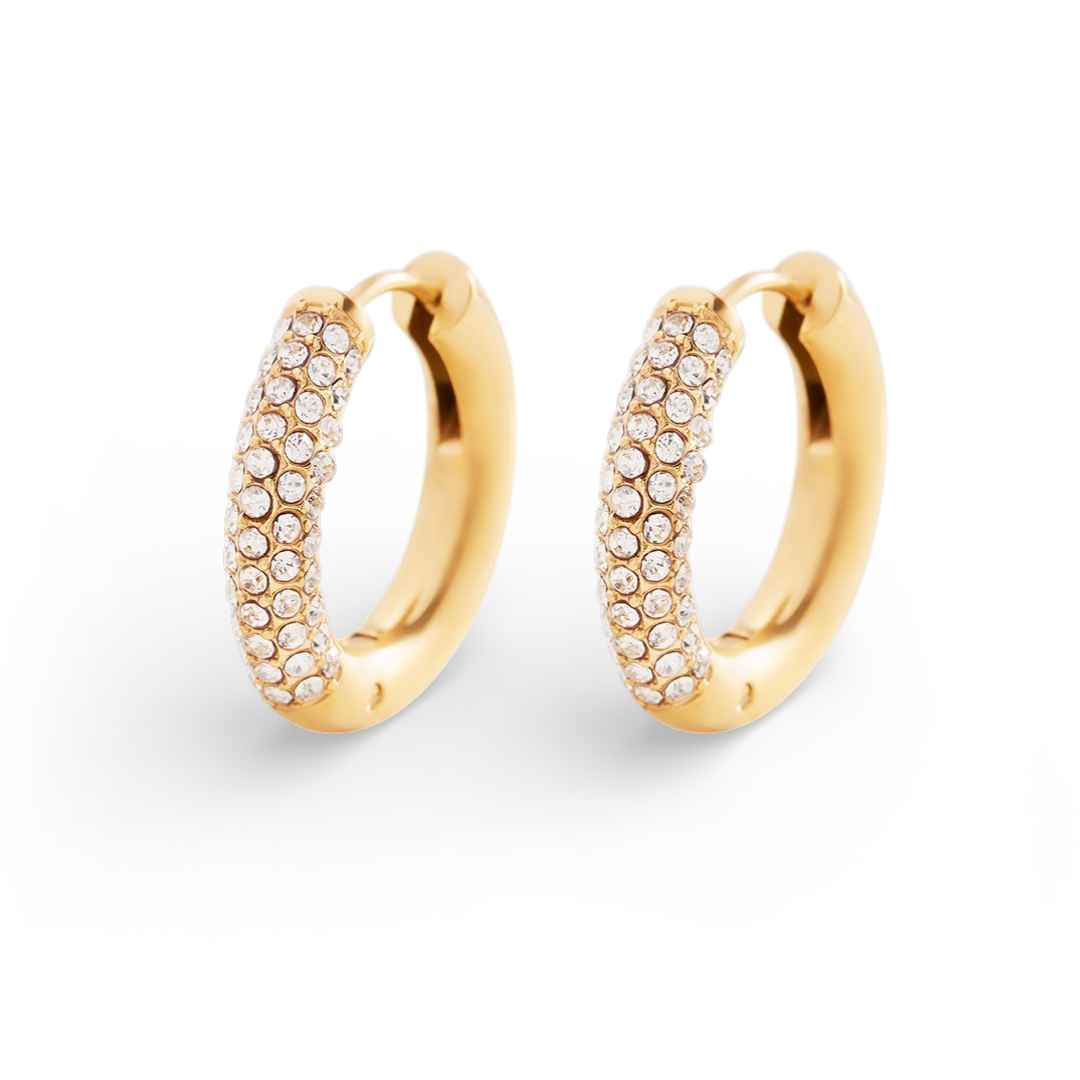 Gold hoop earrings with embedded stones on a white background