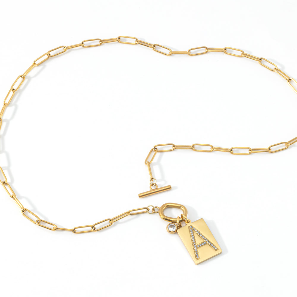 Toggle Necklace with Pave Initial Pendant - Gold / A / 18"