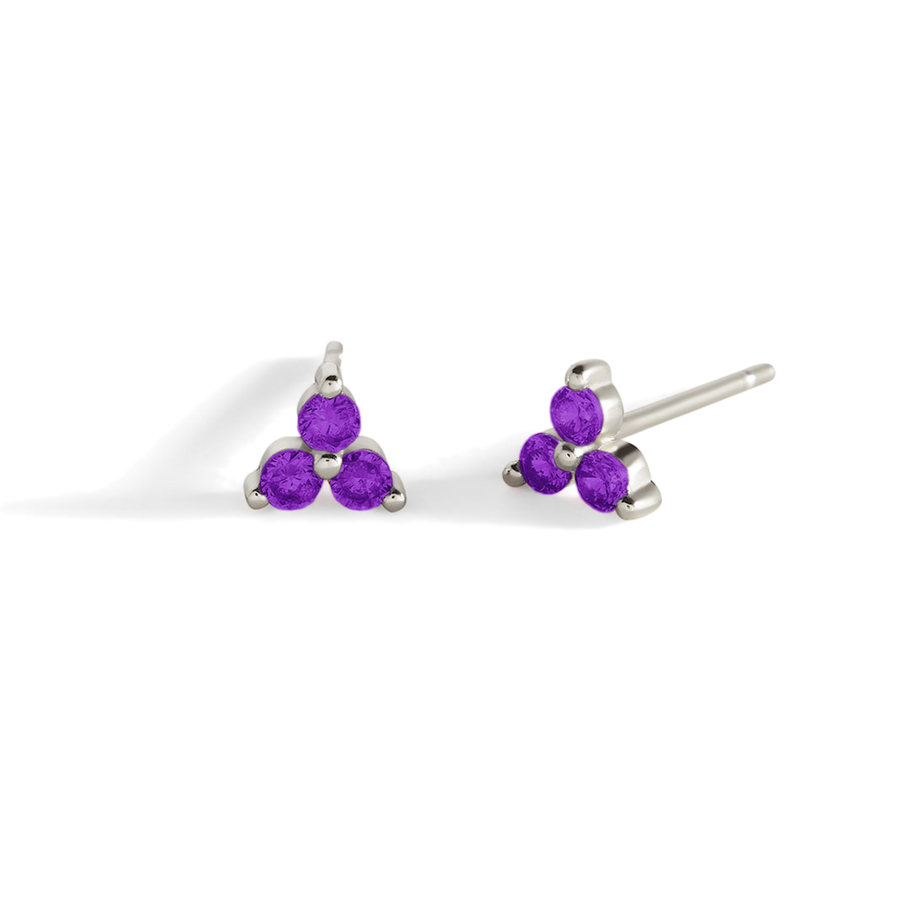 Trinity Birthstone Stud Earrings - 925 Sterling Silver / February Amethyst
