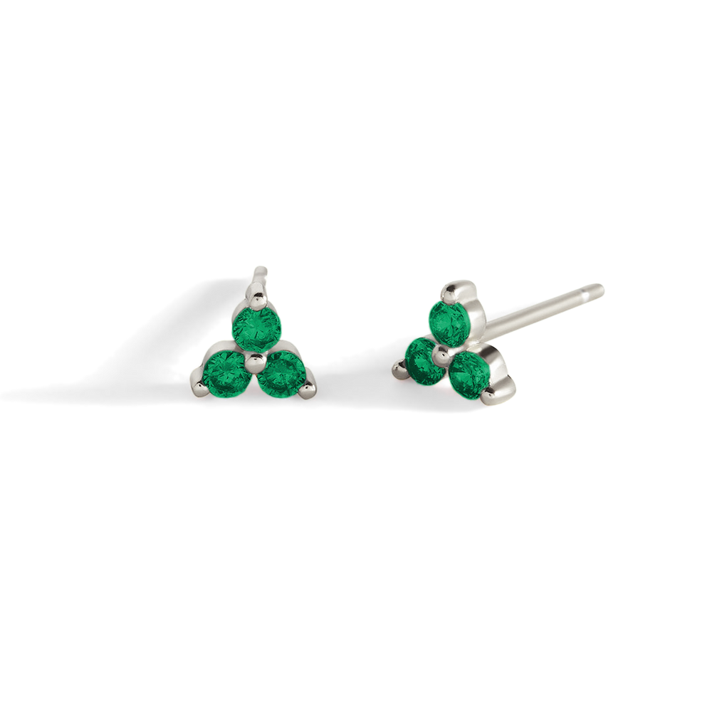 Trinity Birthstone Stud Earrings - 925 Sterling Silver / May Emerald