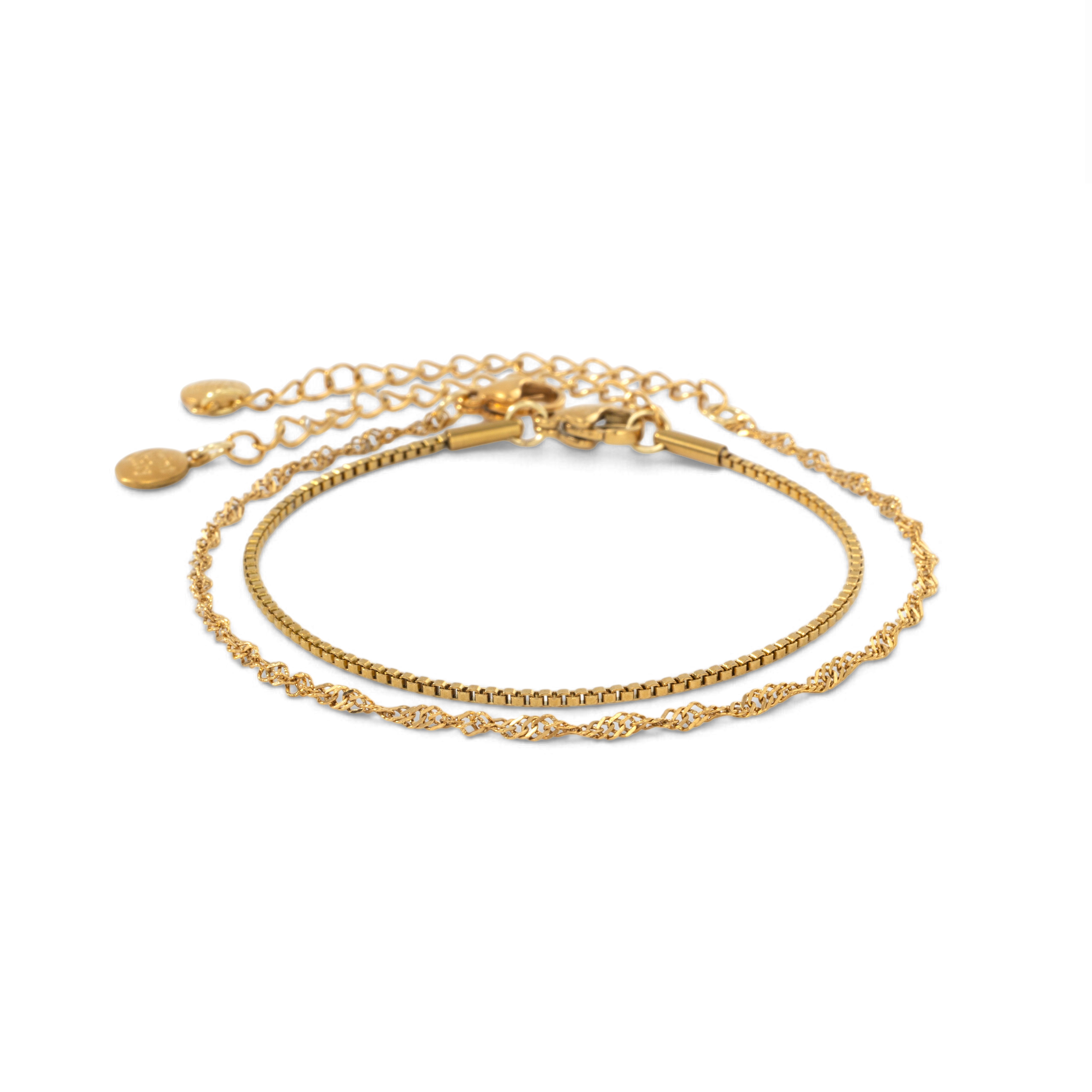 Gold Singapore twist chain bracelet and gold box chain bracelet laid together on a white background, each with an extender chain and round tag.