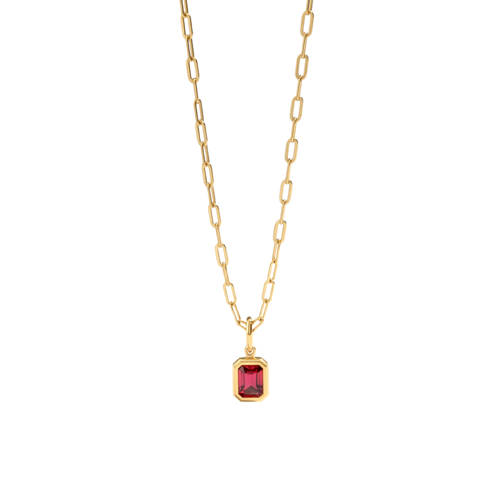 Gold necklace with a red gemstone pendant on a light gray background
