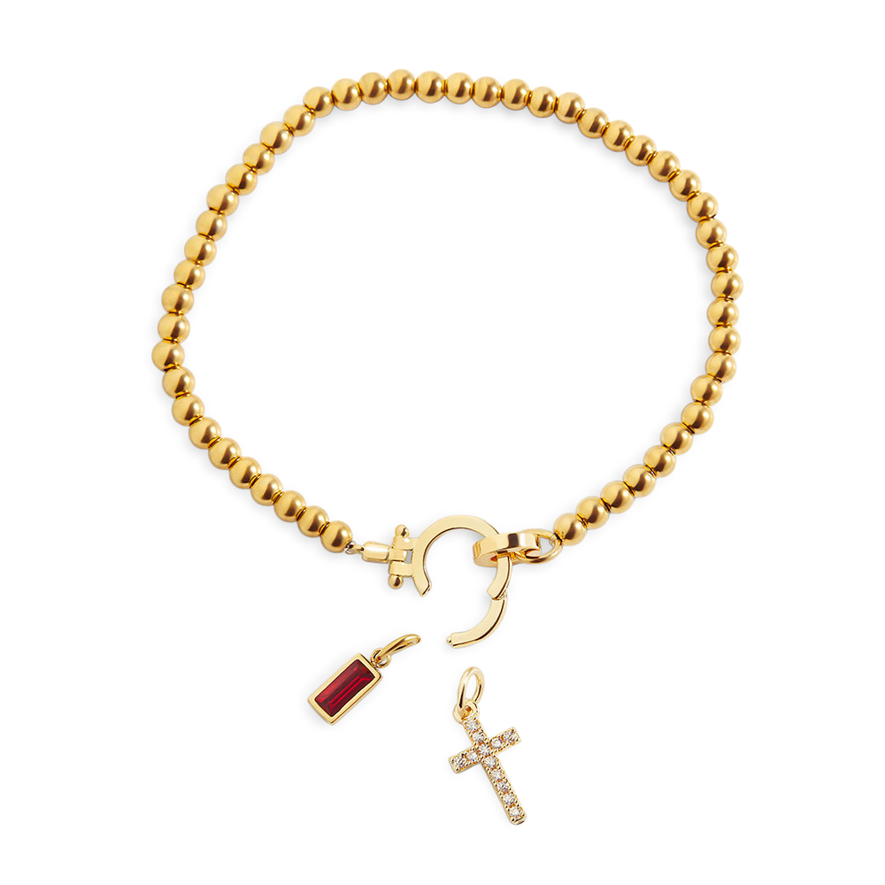 Cross Charm Birthstone Bracelet - December Blue Topaz / 7.5"