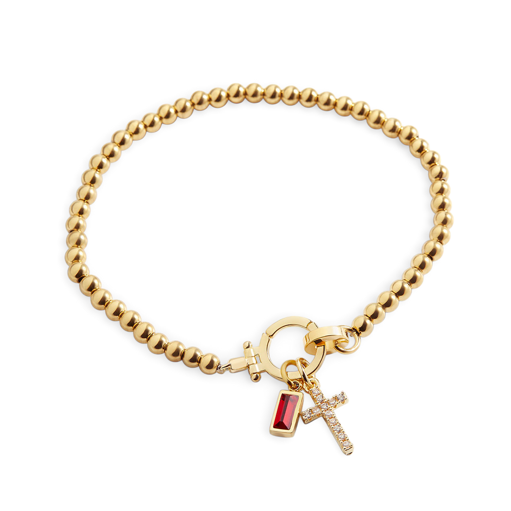 Cross Charm Birthstone Bracelet - January Garnet / 7"