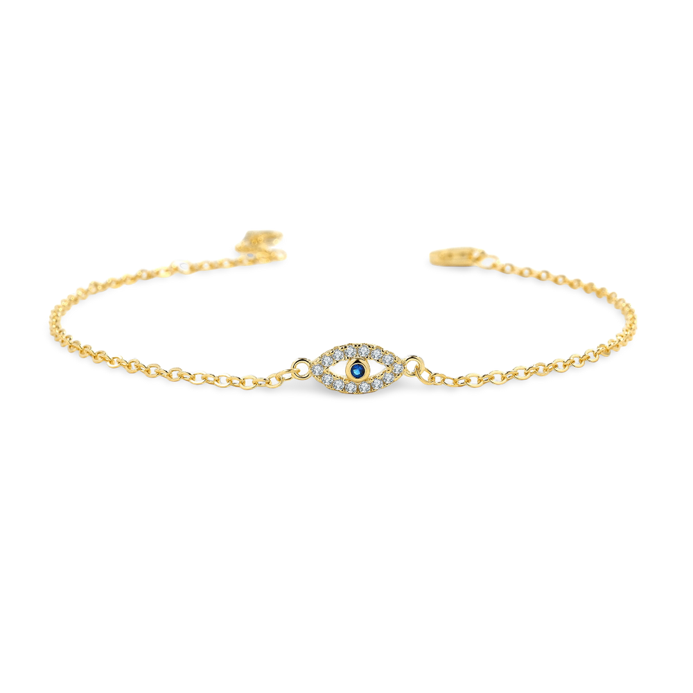 Gold bracelet with a blue gemstone on a light gray background