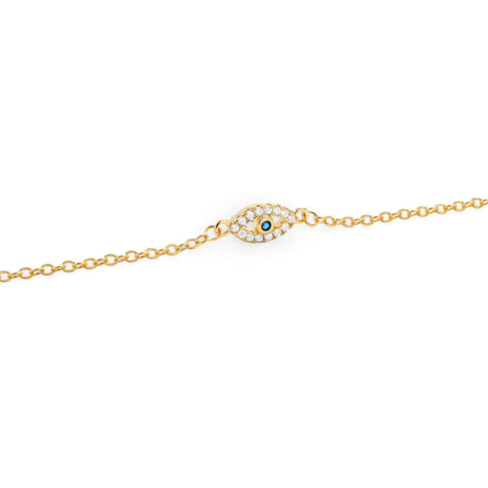 Gold bracelet with a blue gemstone on a light gray background