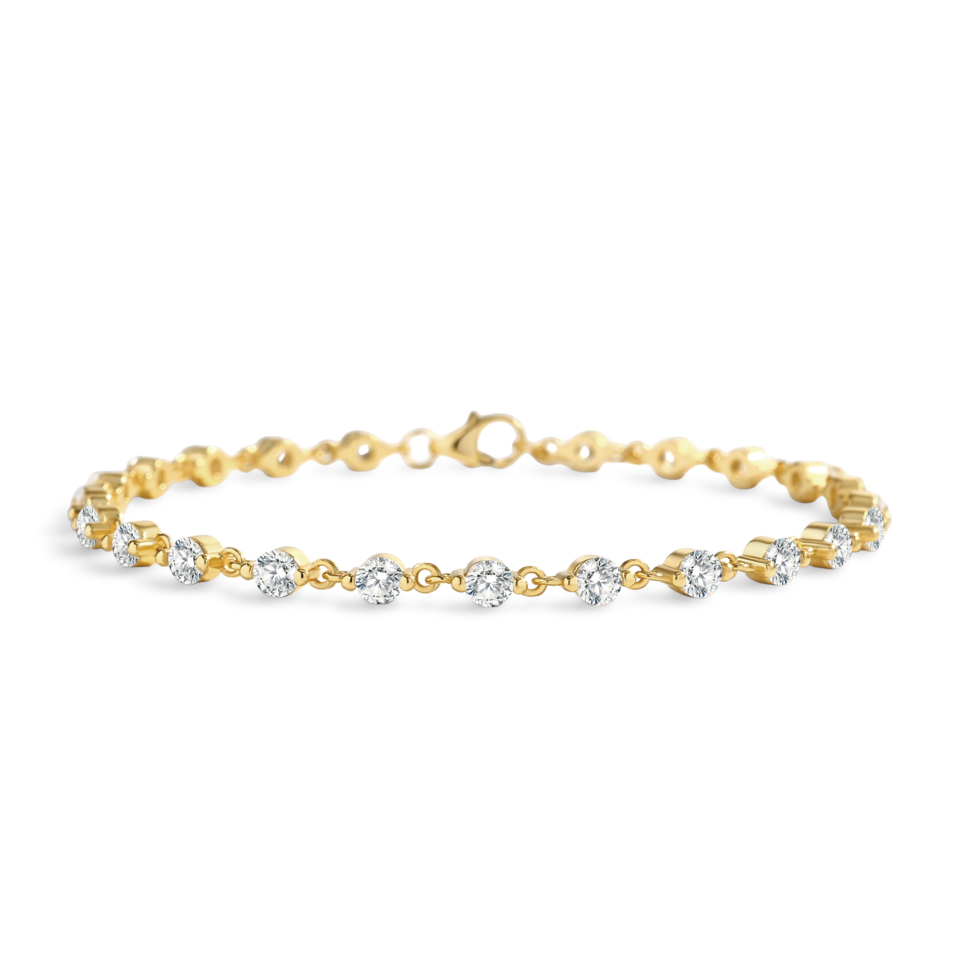 Gold bracelet with clear stones on a light gray background