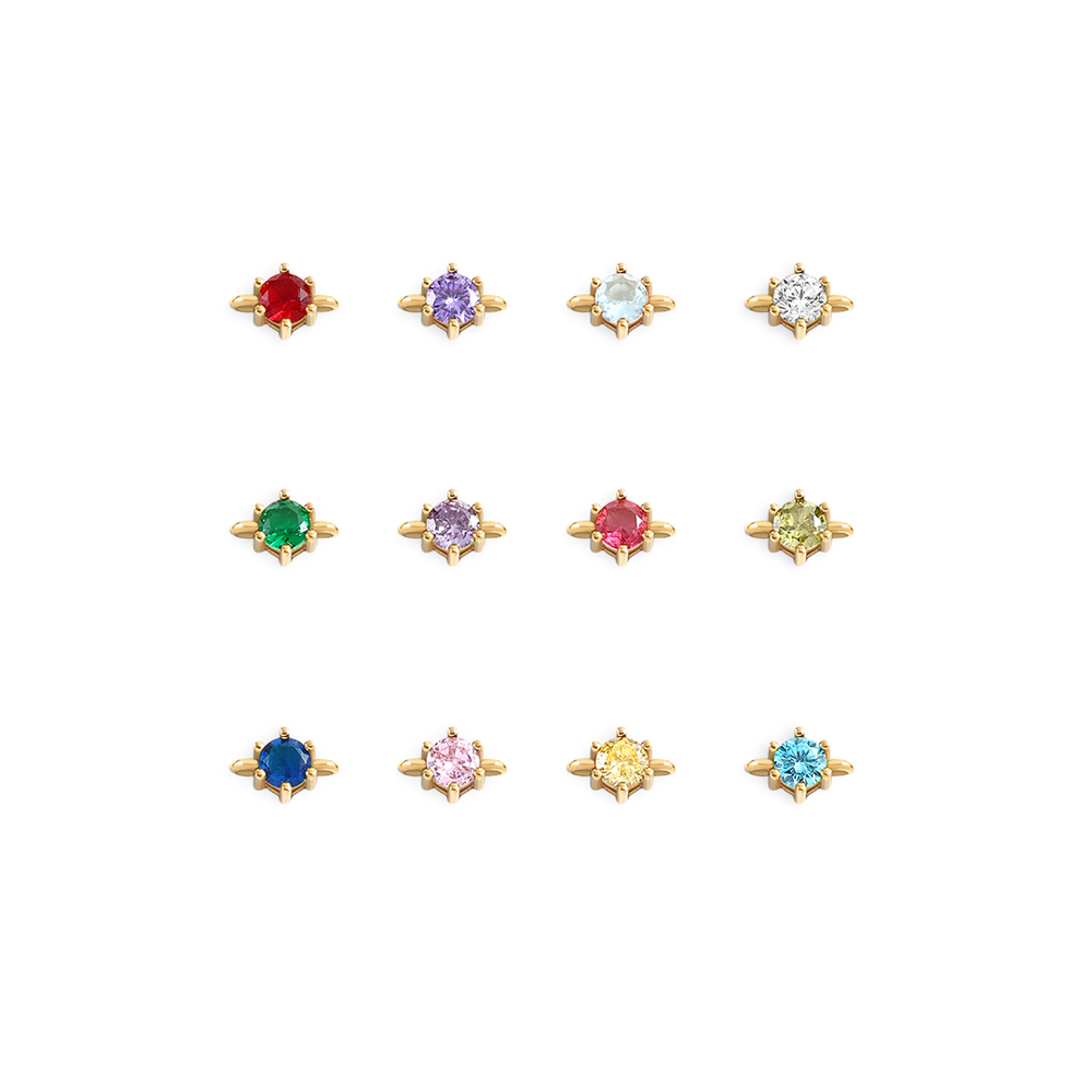 Collection of small stud earrings with multicolored gemstones on a white background