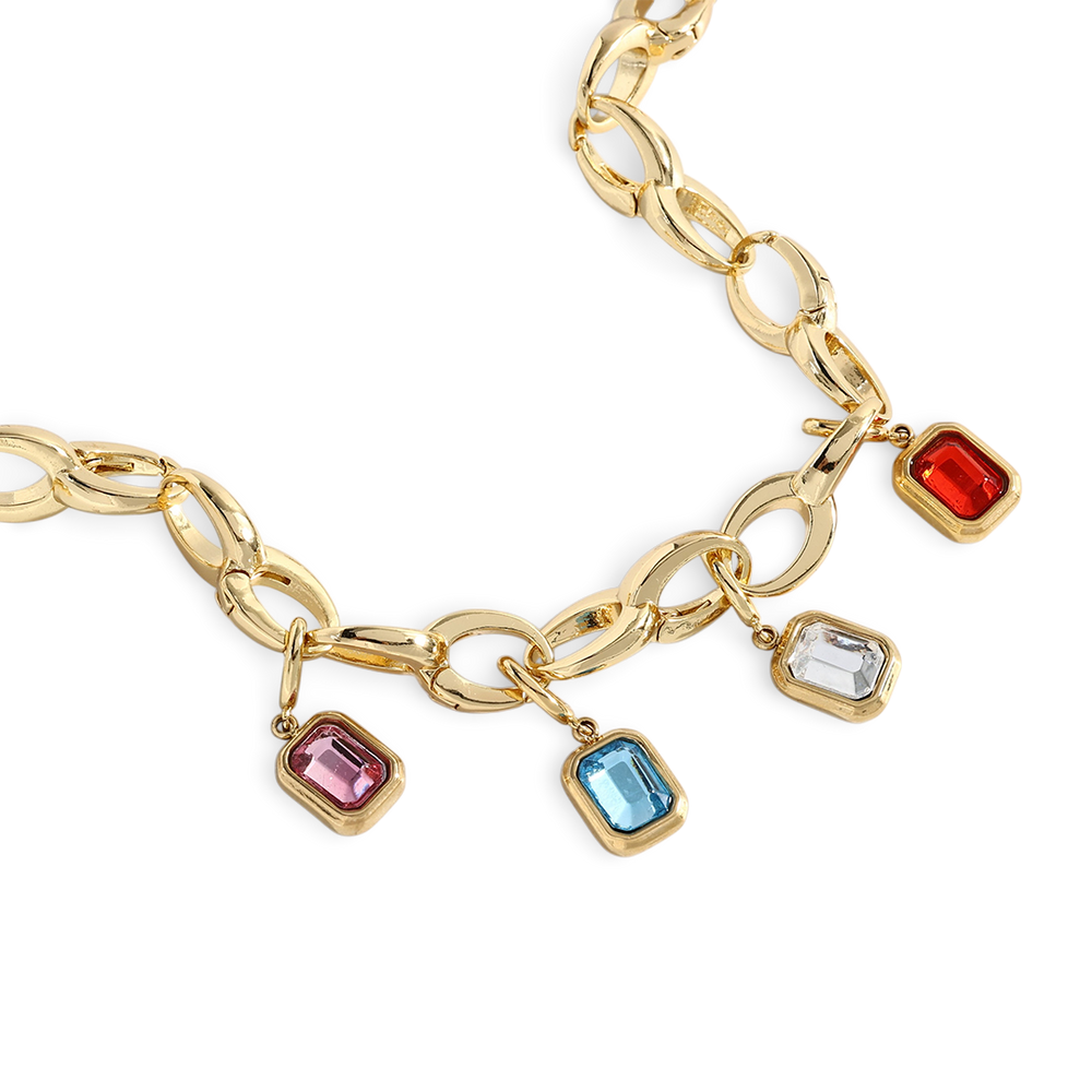 Gold chain bracelet with colorful gemstone charms on a white background