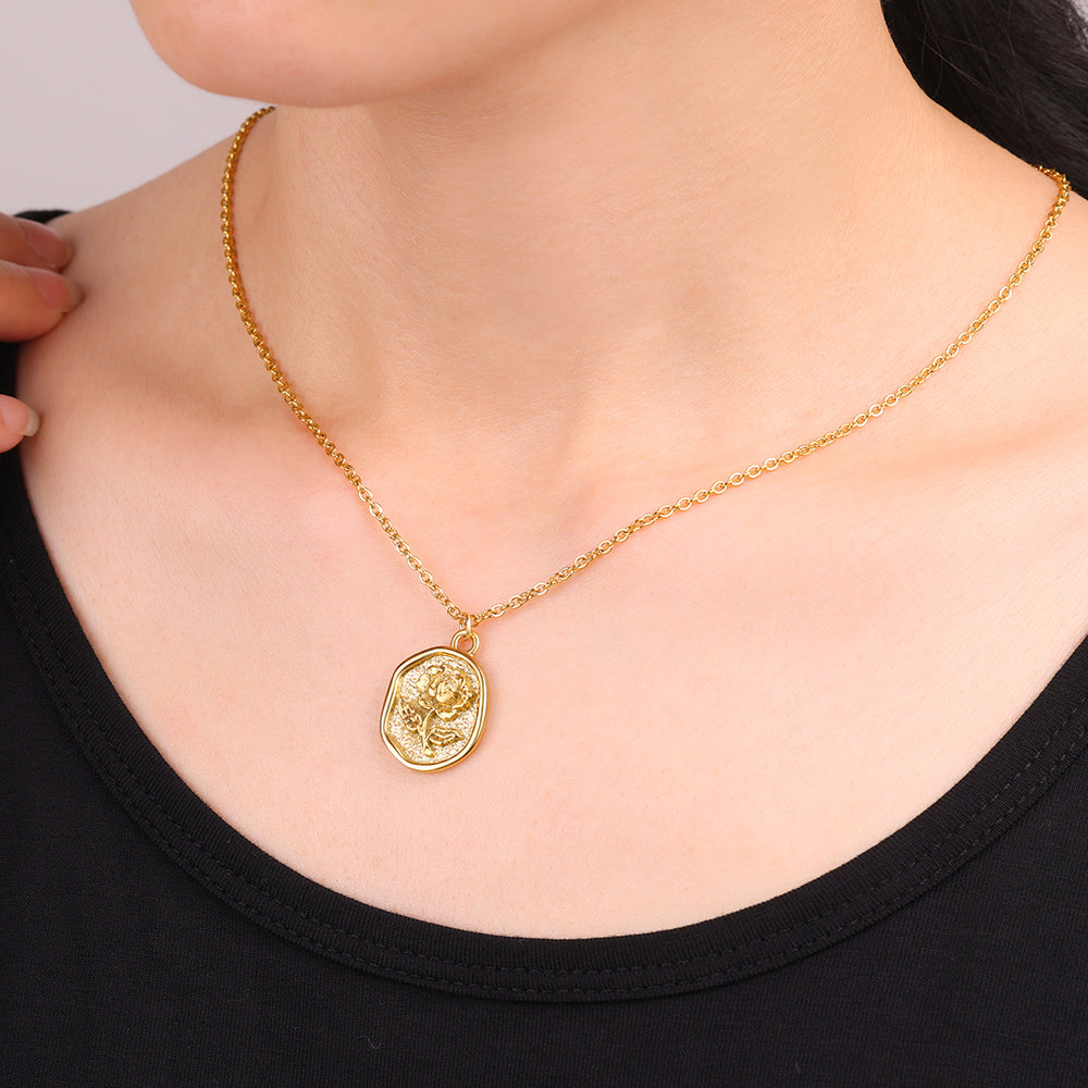 Stamped Rose Pendant Necklace - Gold