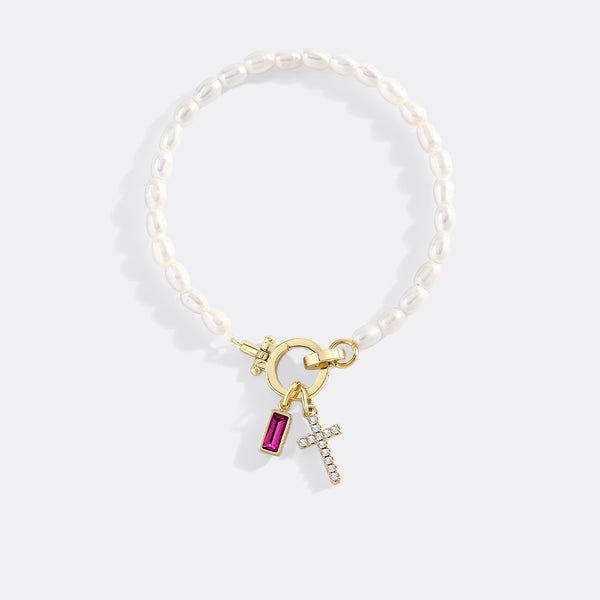 Pearl Cross Charm Bracelet – Mint & Lily