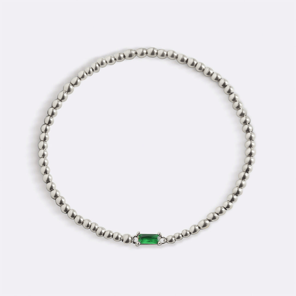 Sterling Silver Beaded Birthstone Bracelet - May Emerald / 7"
