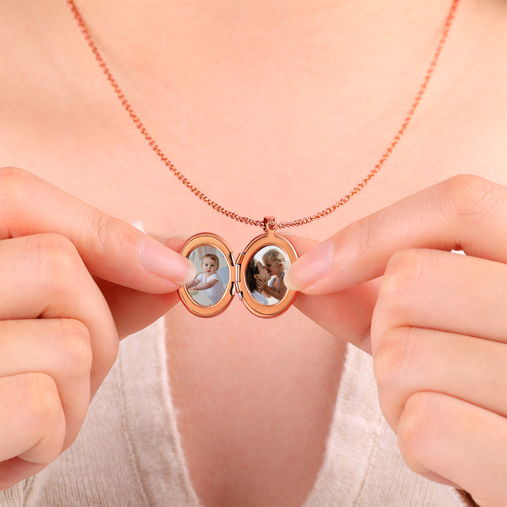Engraved Oval Photo Locket Necklace - 18k Rose Gold Plated