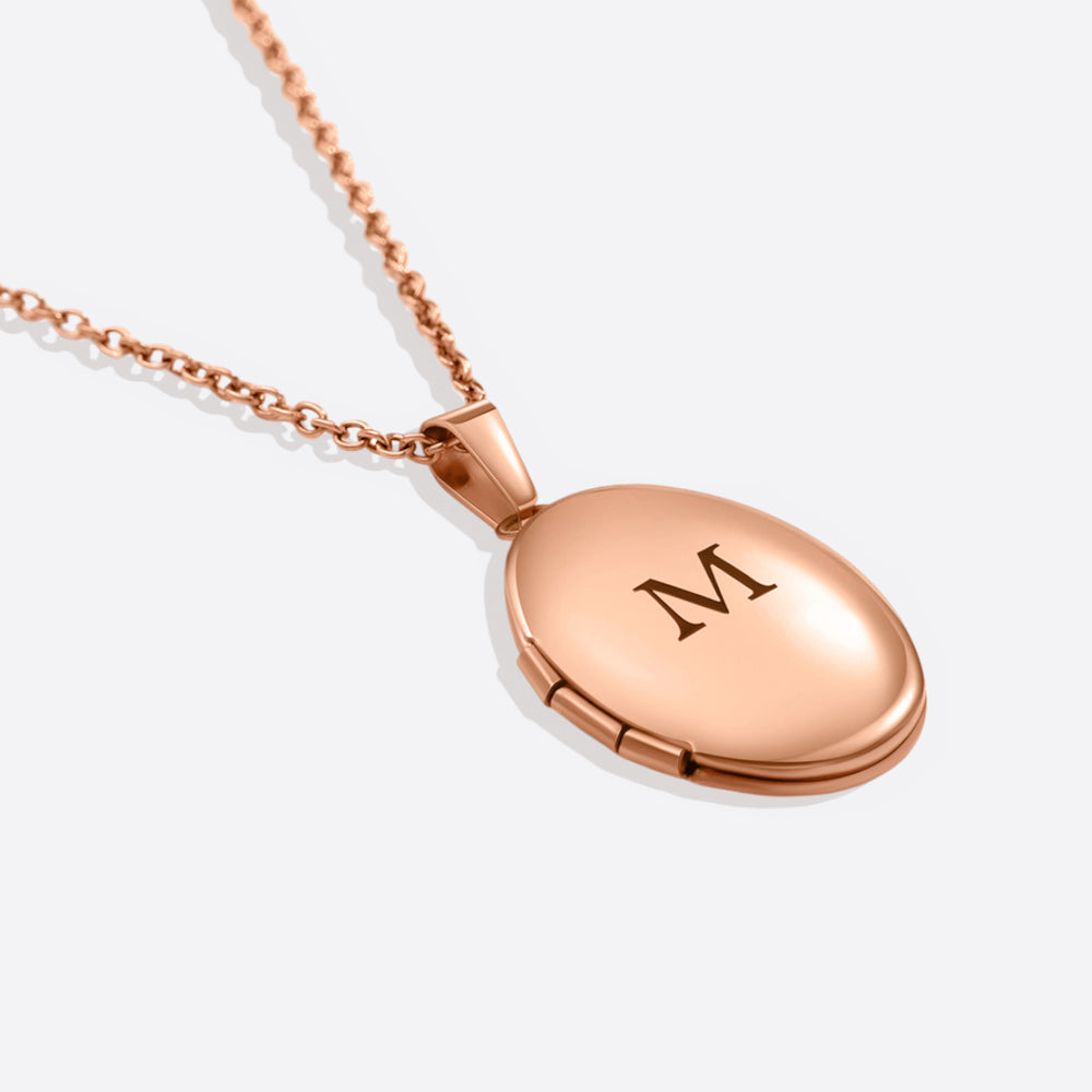 Engraved Oval Photo Locket Necklace - 18k Rose Gold Plated