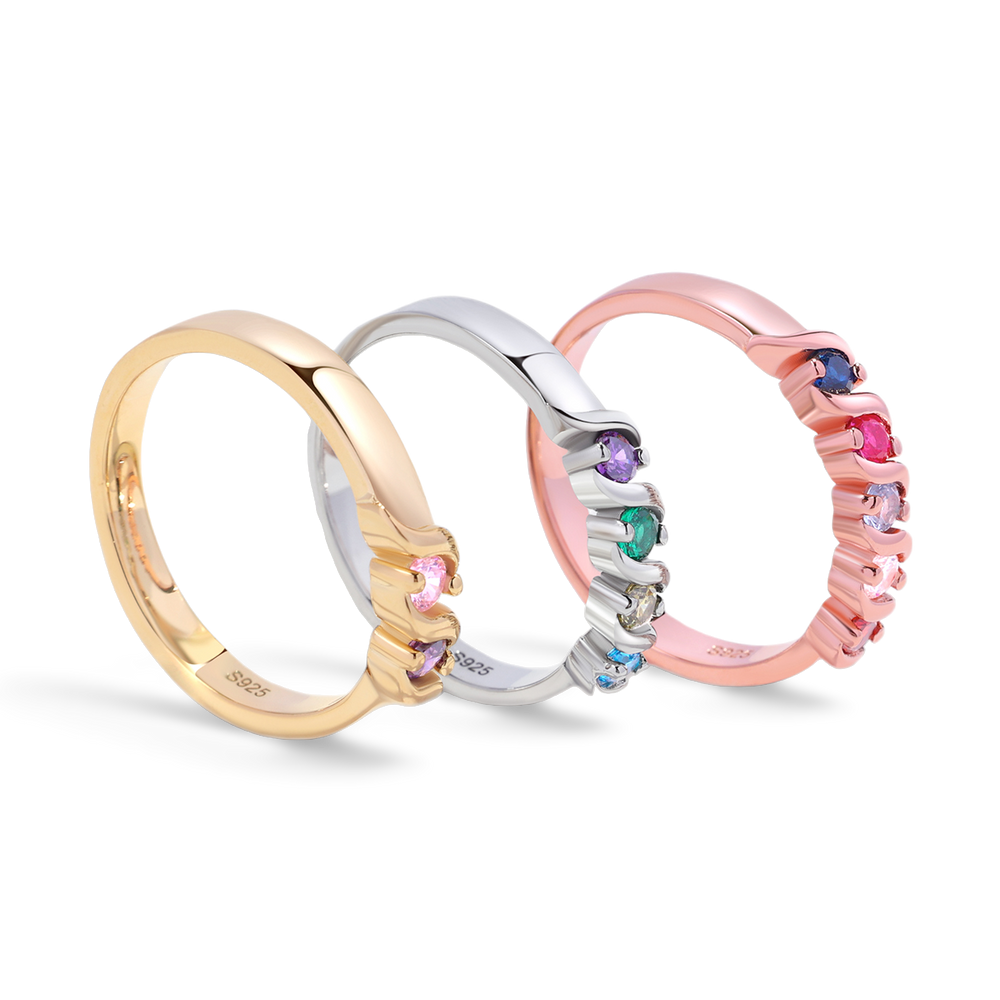 Personalized Wave Birthstones Ring - 18k Gold Over Sterling Silver / 5