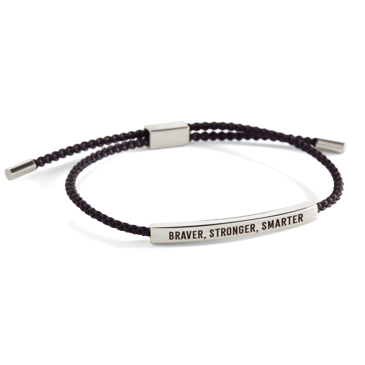 An inspirational tube bracelet with the words 'braver, stronger, smarter' printed on it, displayed on a white background with the text 'braver, stronger, smarter' above the image.