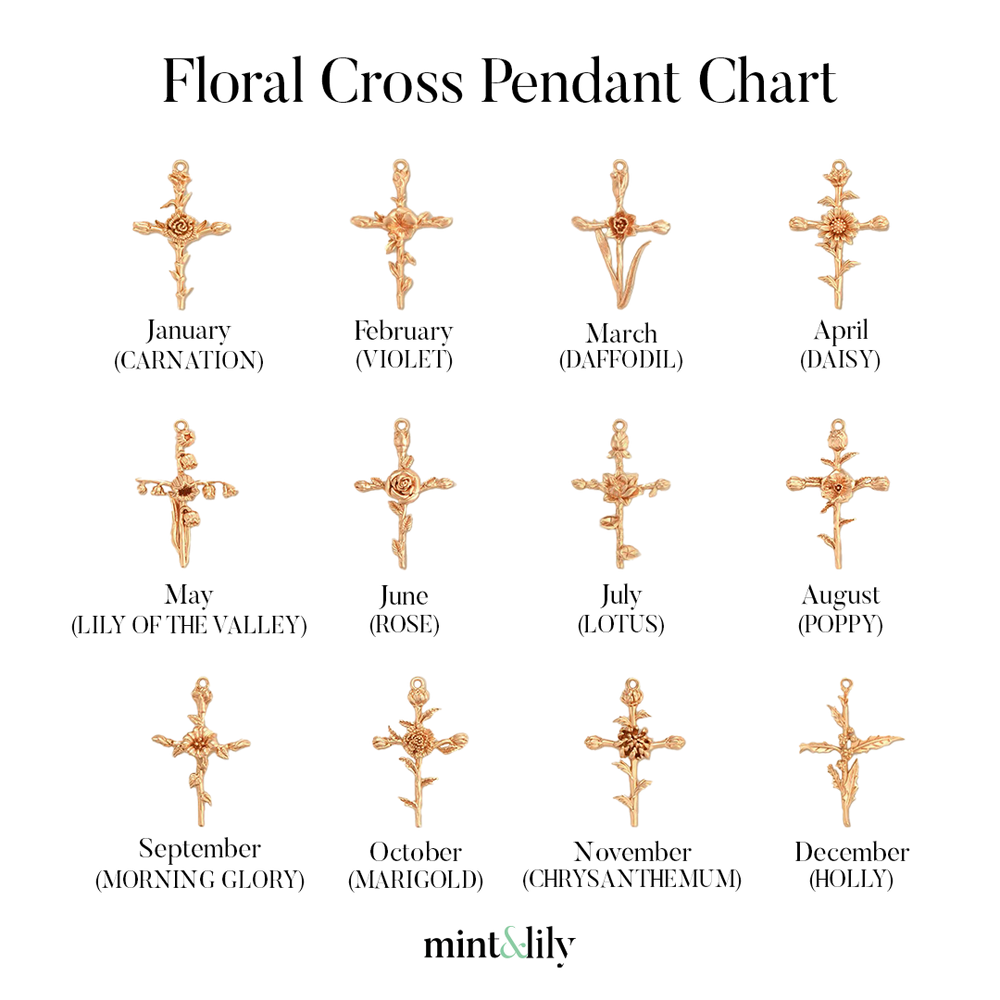 Floral Cross Pendant Necklace - January Carnation