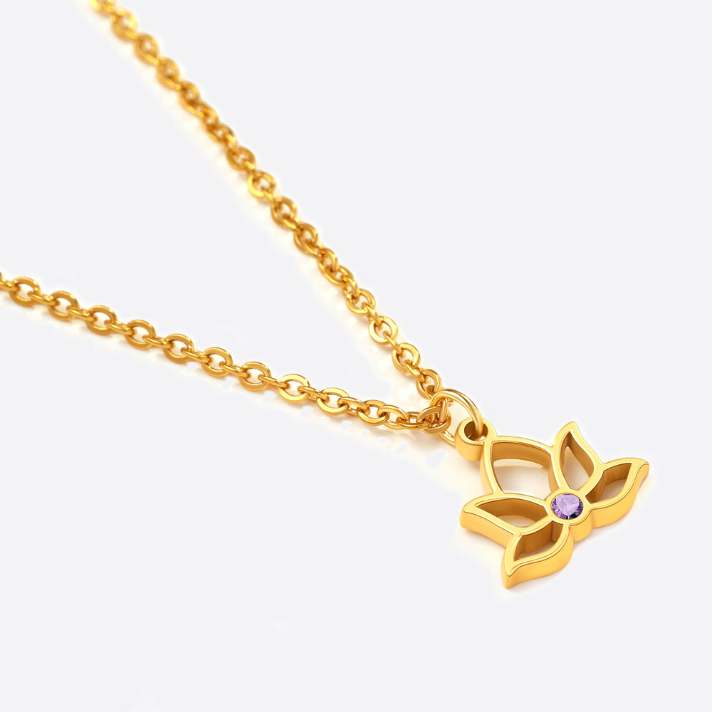 Mini Lotus Birthstone Pendant Necklace - Gold / February Amethyst