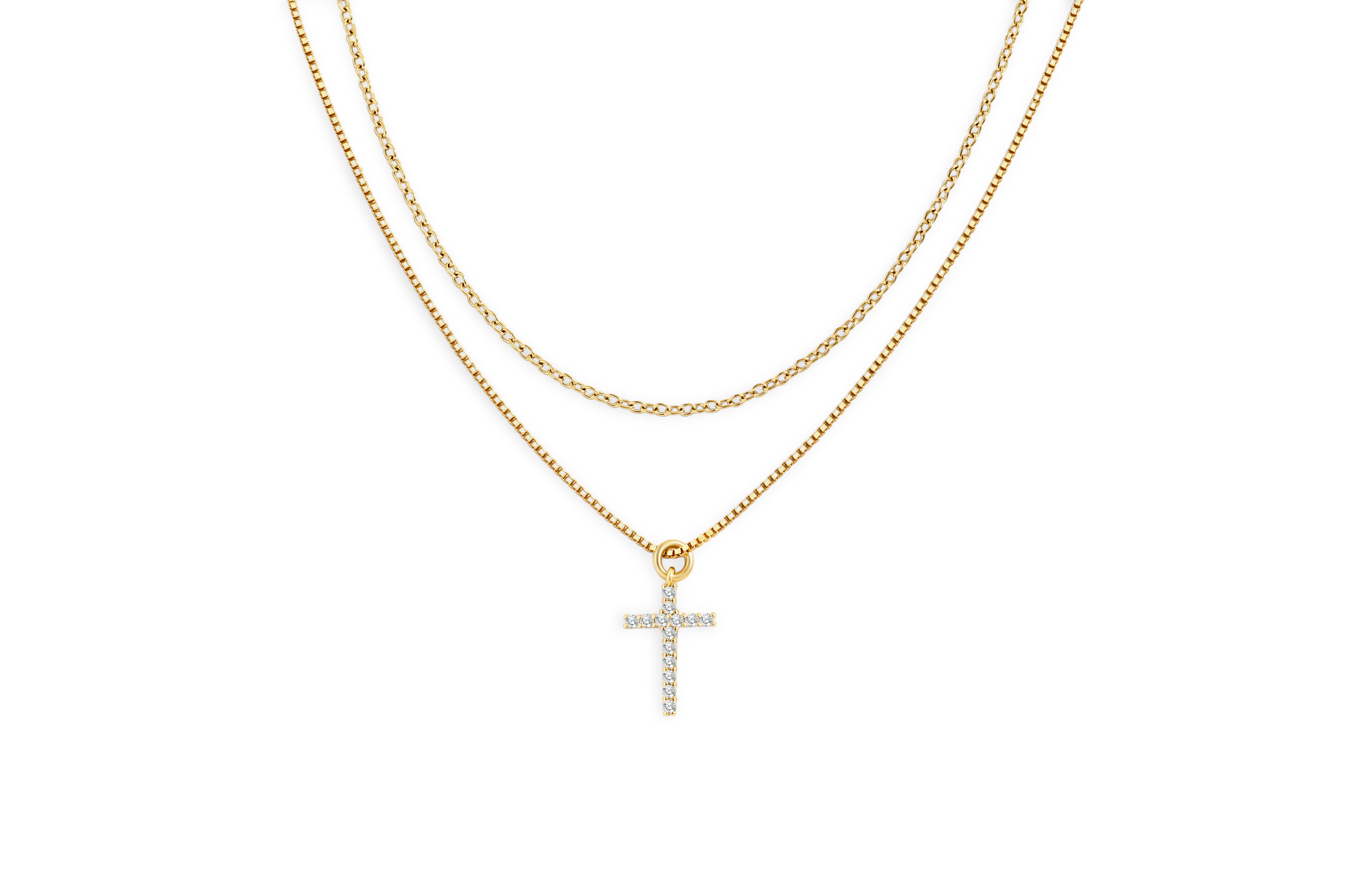 Gold necklace with a cross pendant on a white background