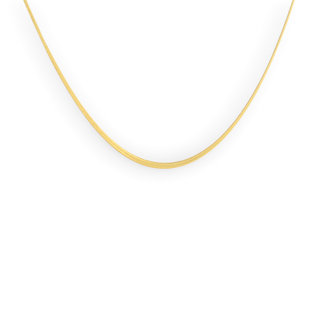 A sleek and timeless gold-colored herringbone chain necklace with a width of 2mm, displayed against a black background.