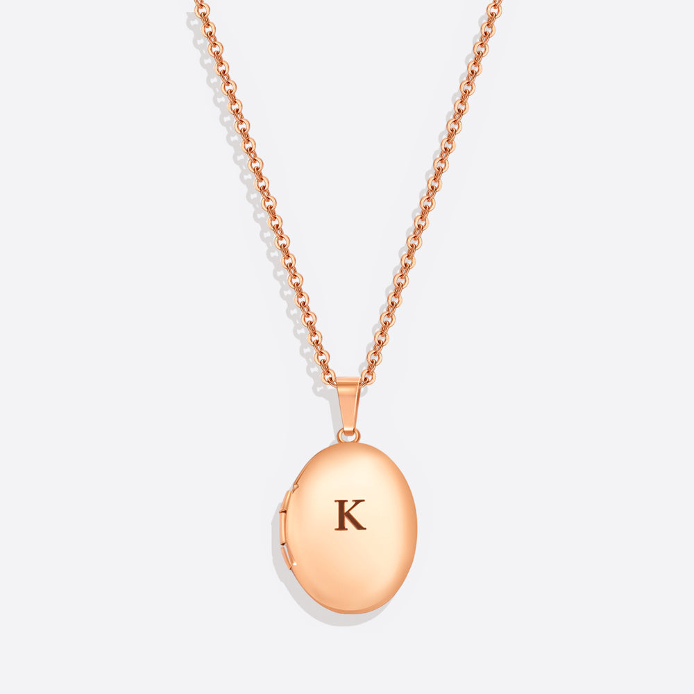 Engraved Oval Photo Locket Necklace - 18k Rose Gold Plated