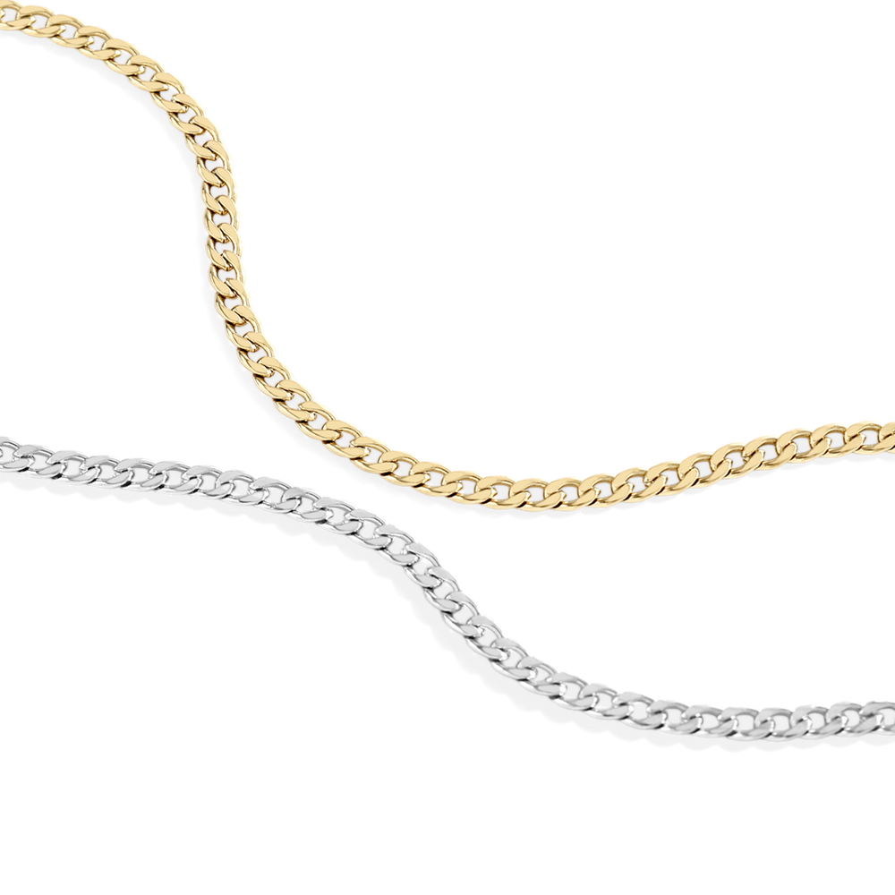 Two gold and silver chain necklaces on a white background