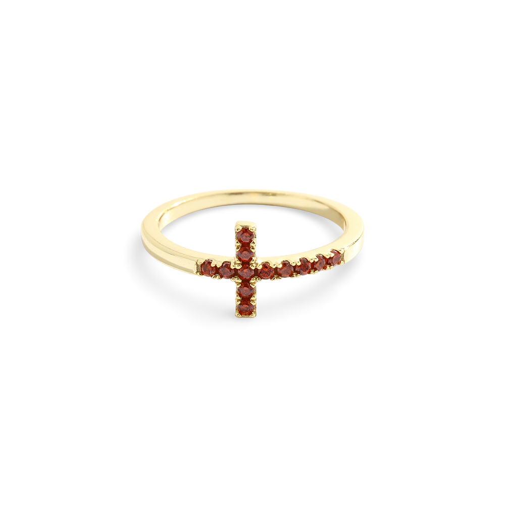 Gold ring with red gemstones on a white background