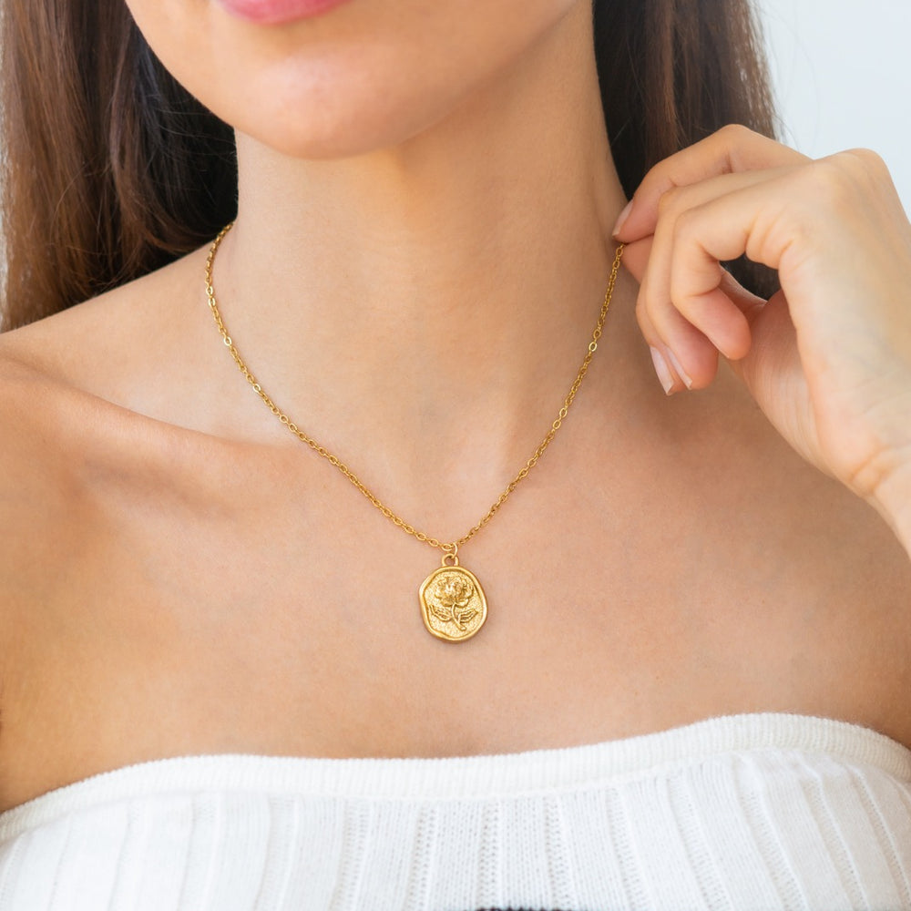 Stamped Rose Pendant Necklace - Gold