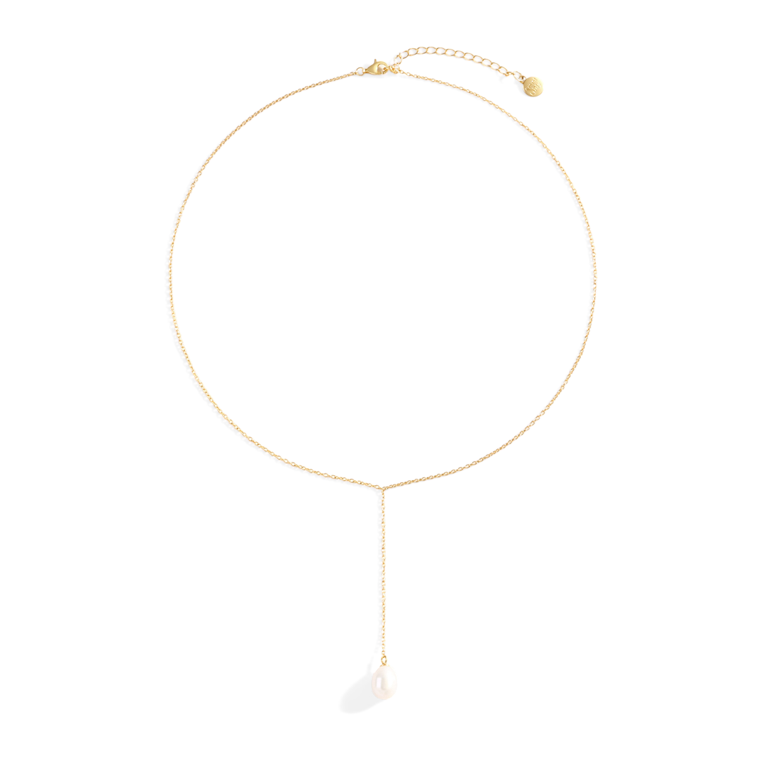 Gold necklace with a pearl pendant on a white background