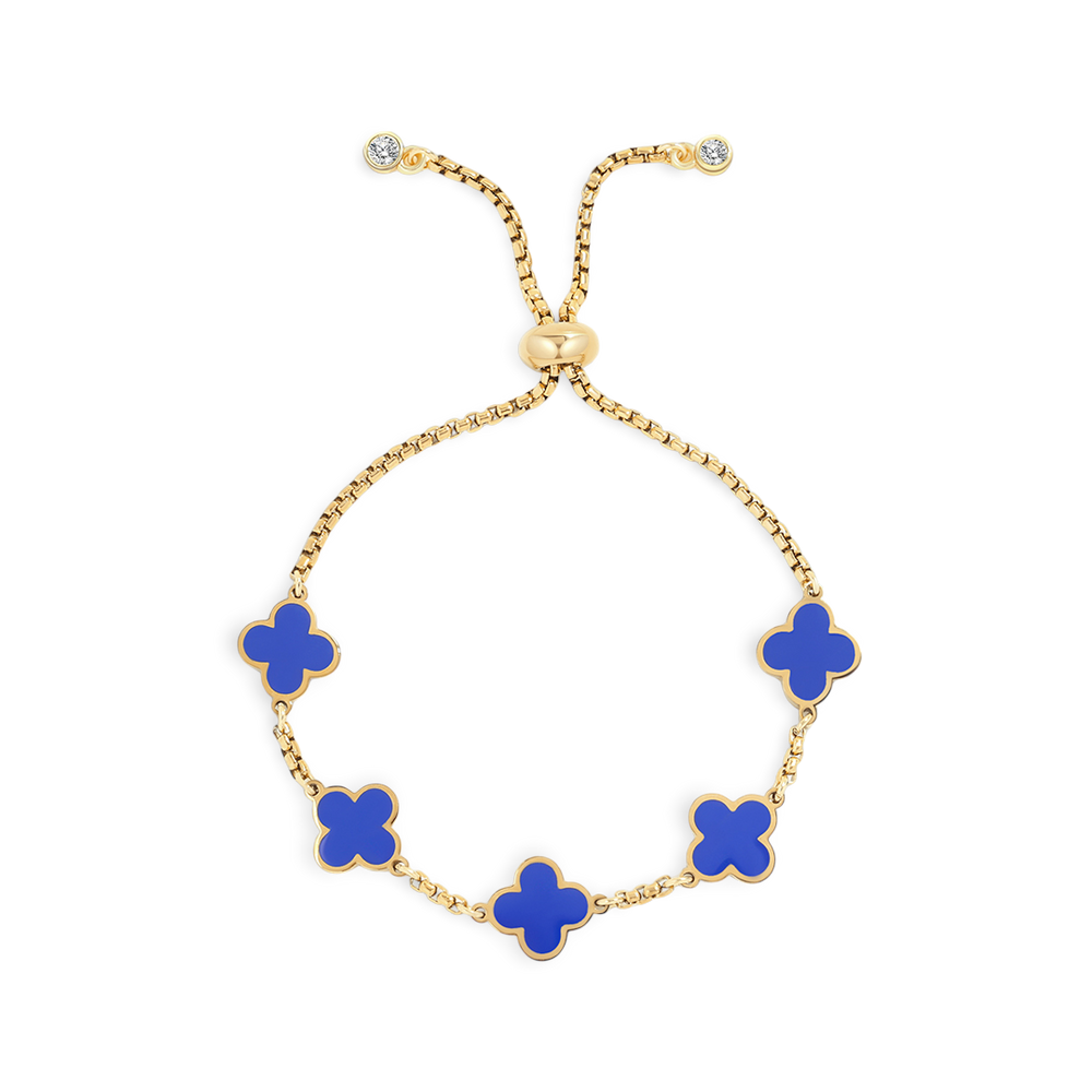 A gold-colored bracelet with navy blue enamel clover charms on an adjustable chain.
