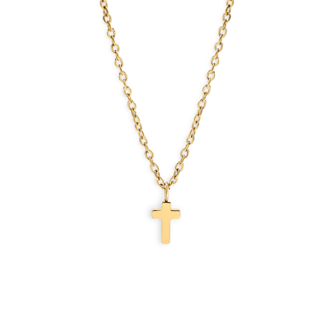 Gold necklace with a cross pendant on a light gray background