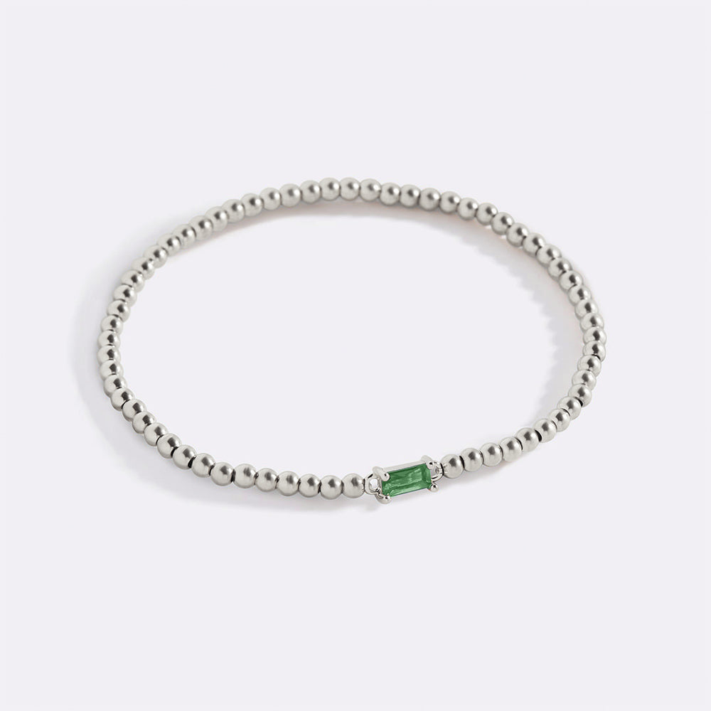 Sterling Silver Beaded Birthstone Bracelet - May Emerald / 7"