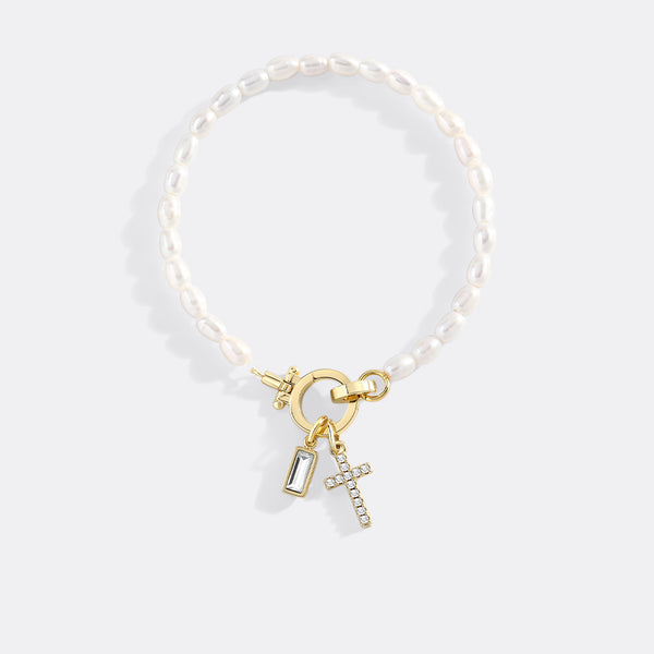 Pearl Cross Charm Bracelet – Mint & Lily