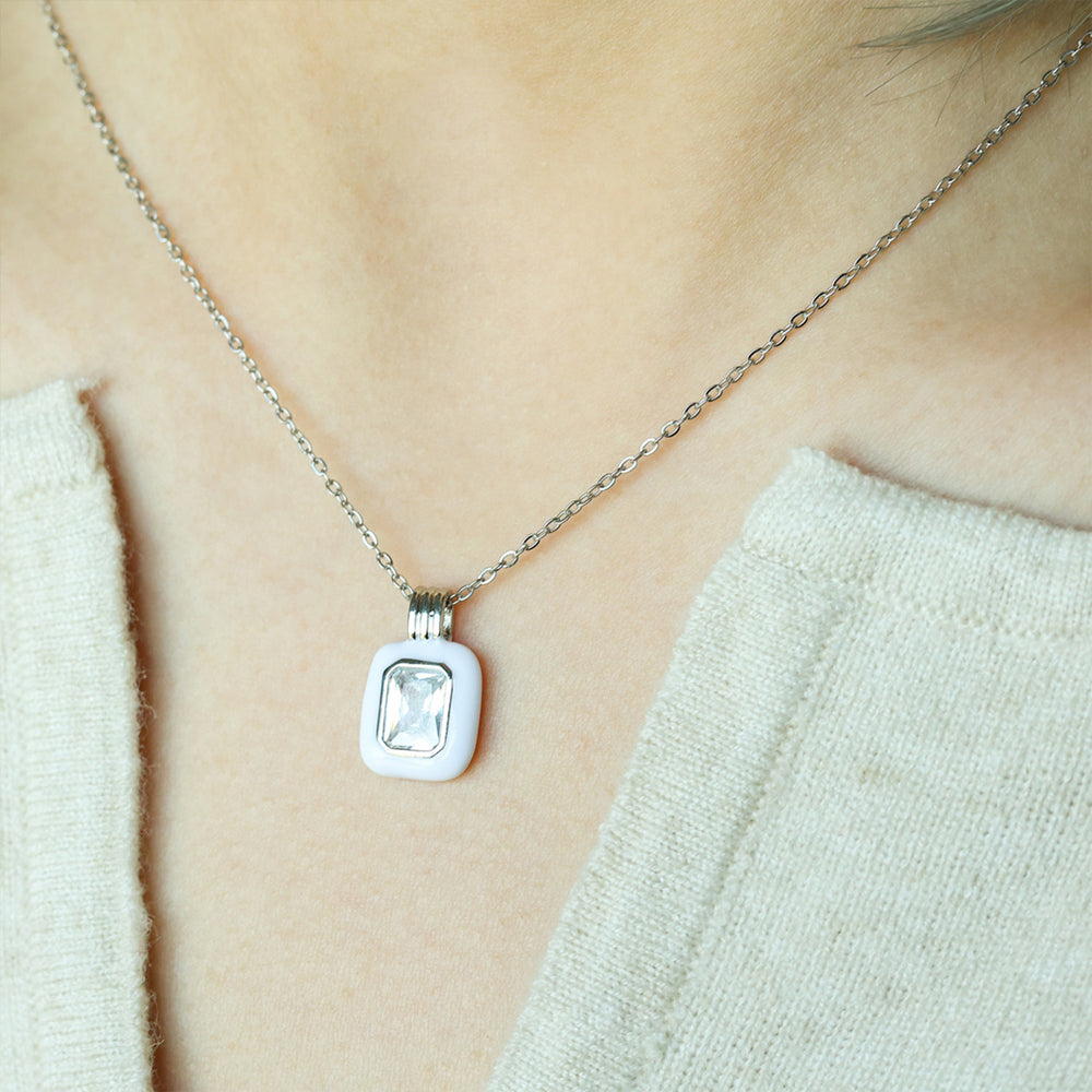 Emerald Cut Gemstone & Enamel Pendant Necklace - 18k Gold Plated / White