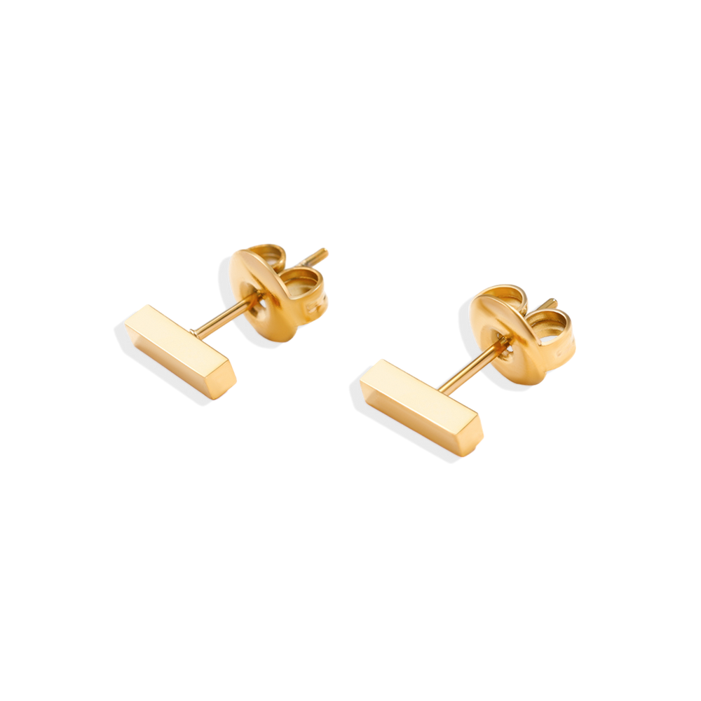 A pair of dainty bar stud earrings made of 18k gold over stainless steel, displayed against a black background.