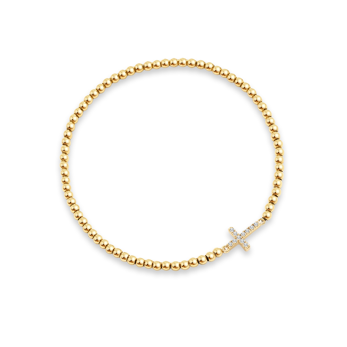 Gold beaded bracelet with a small cross charm on a white background