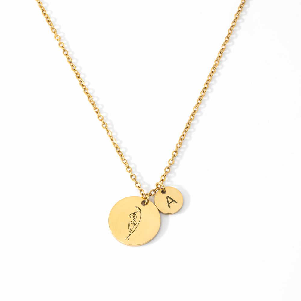 Birth Flower Initial Necklace - Gold / January Snowdrop / A