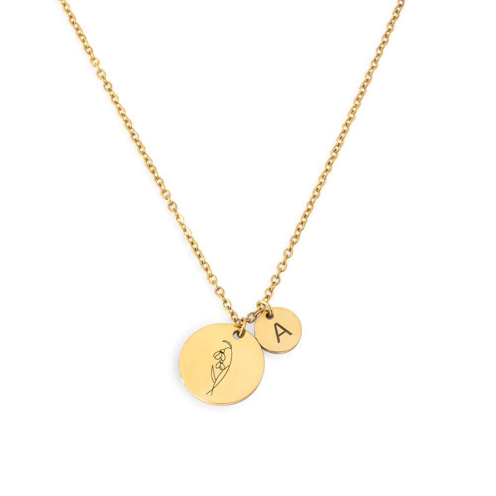 Birth Flower Initial Necklace - Gold / January Snowdrop / A