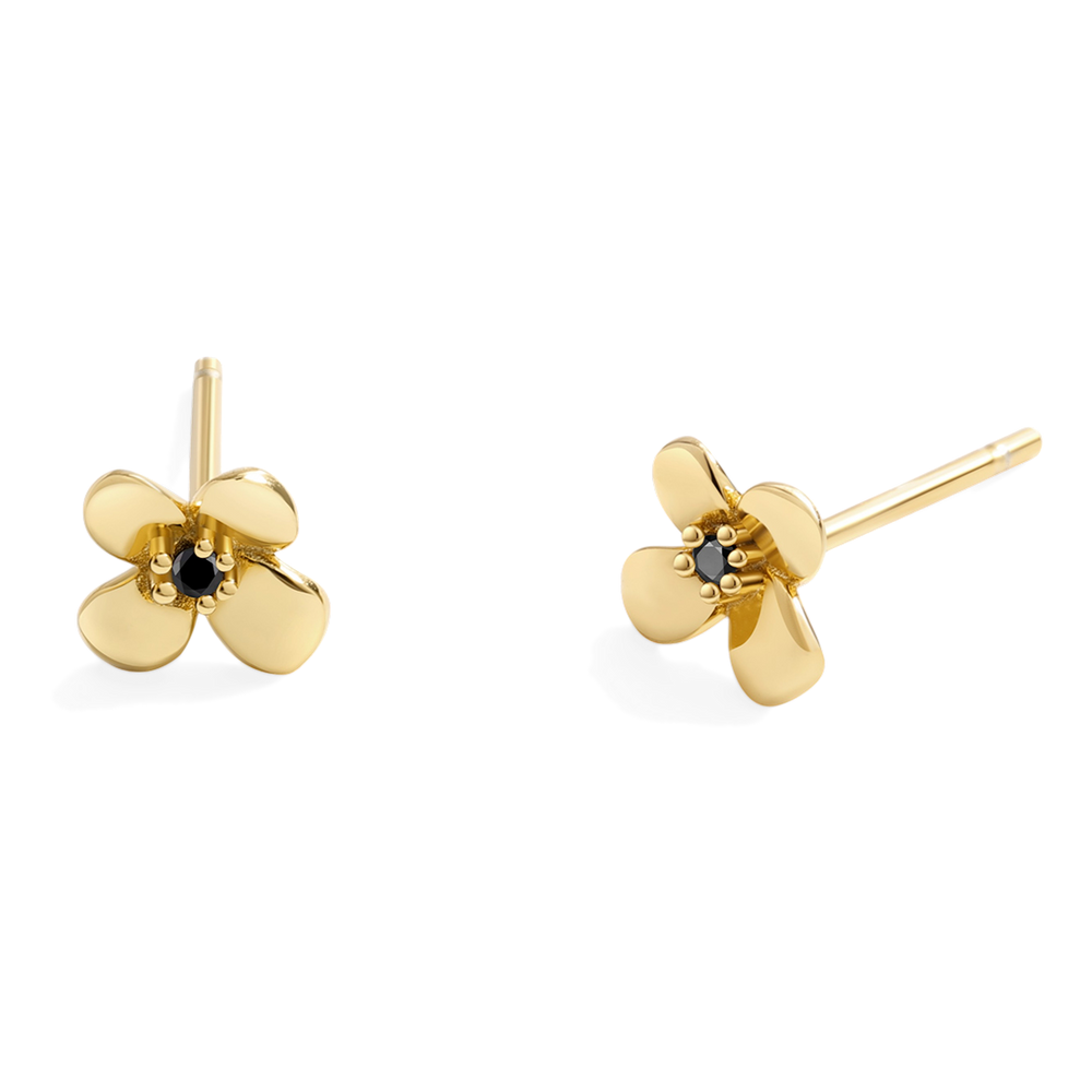 Gold flower-shaped earrings with black centers on a white background