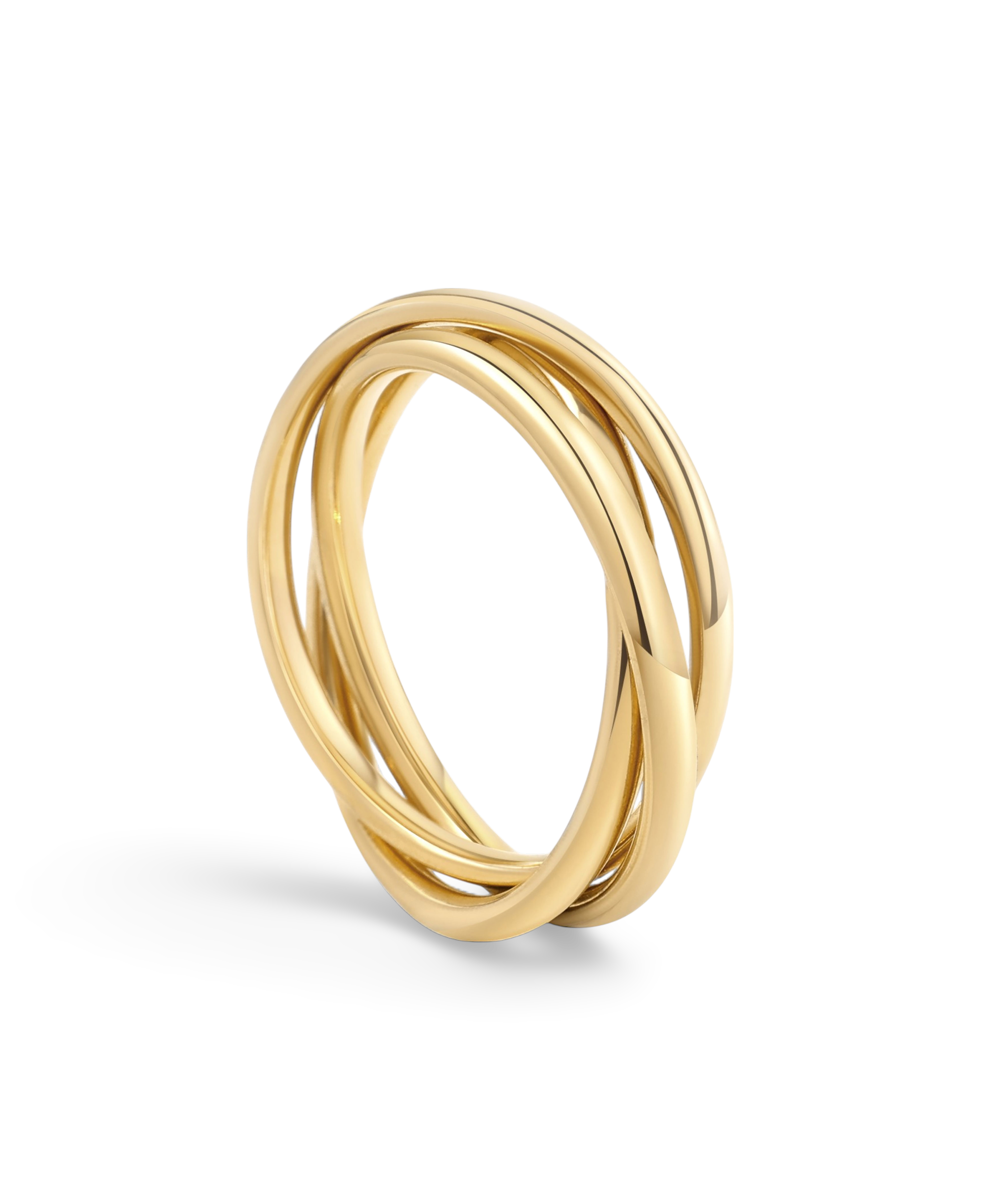 A gold-colored interlocking fidget ring on a white background.