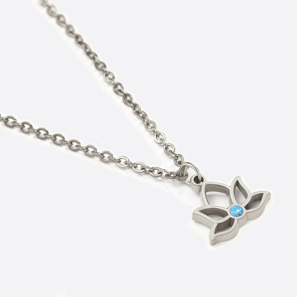 Mini Lotus Birthstone Pendant Necklace - Silver / March Aquamarine