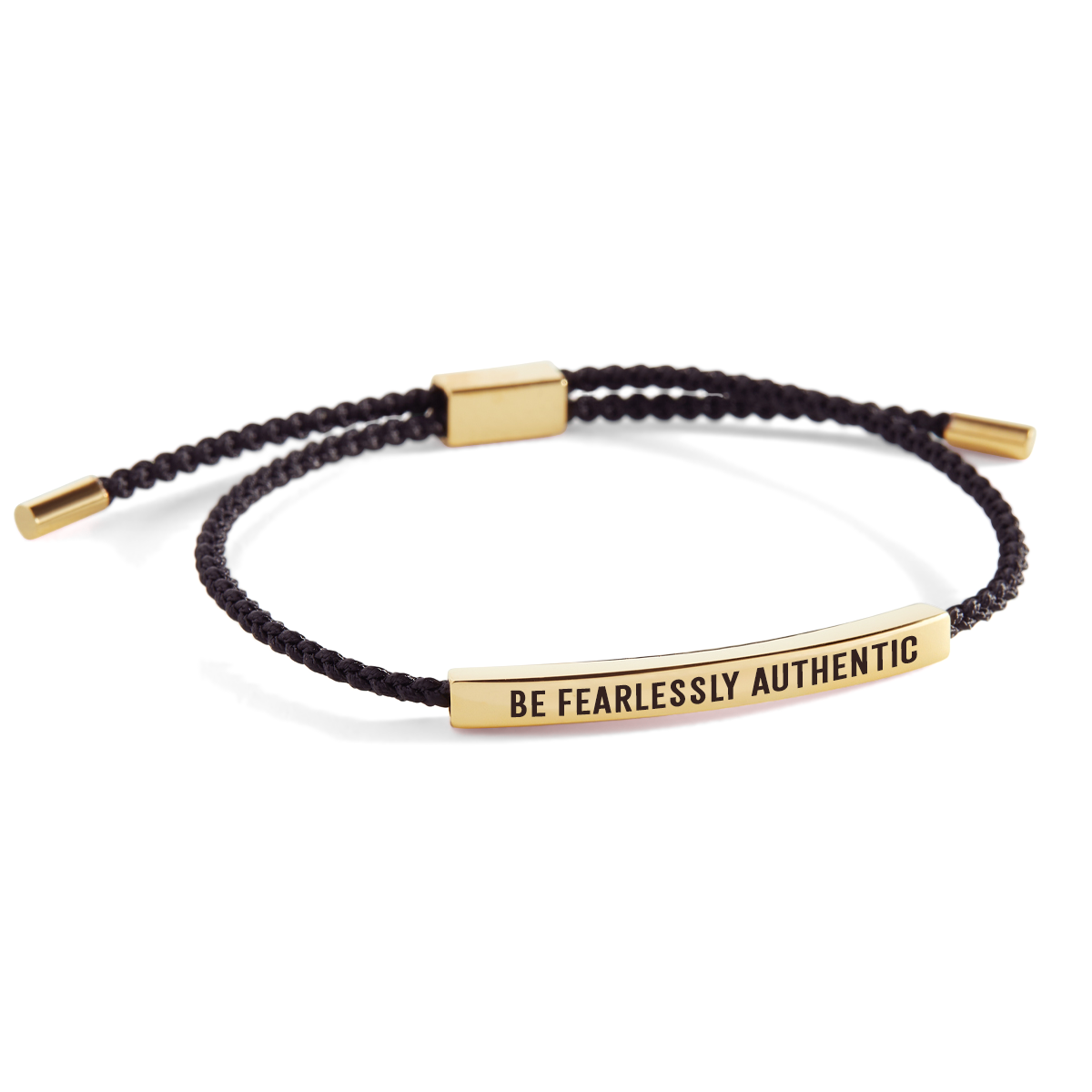 A dark-colored inspire bracelet with the phrase 'BE FEARLESSLY AUTHENTIC' written on it, displayed against a white background with the text 'be fearlessly authentic' above it.