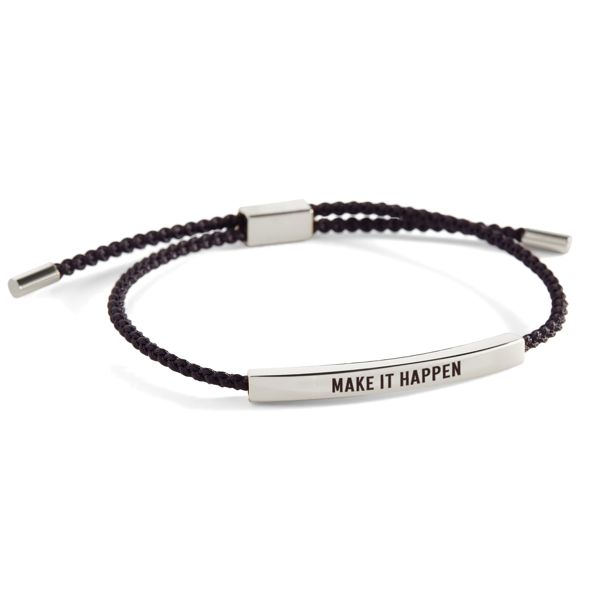 An inspirational tube bracelet with the phrase 'MAKE IT HAPPEN' printed on it, displayed on a white background with the text 'make it happen' above the image.
