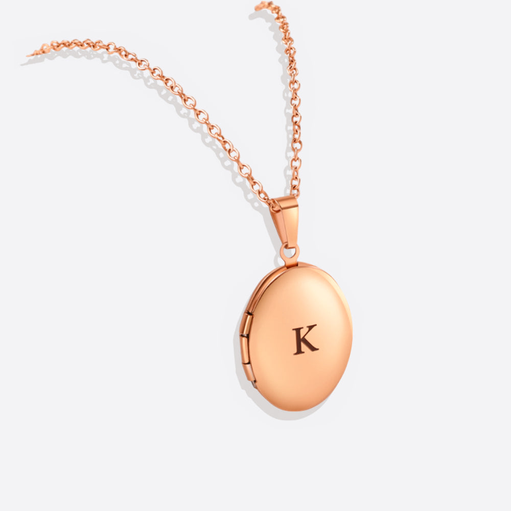 Engraved Oval Photo Locket Necklace - 18k Rose Gold Plated